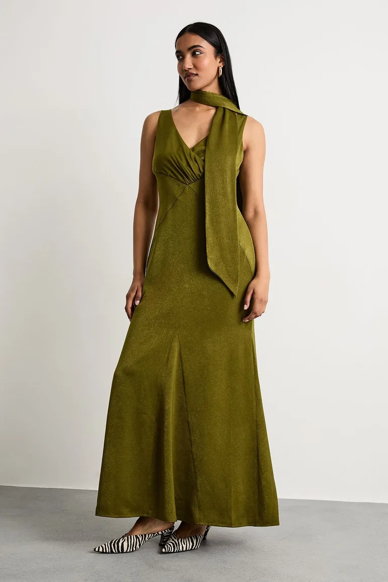 Plain Scarf Detail Tie Neck Maxi Dress