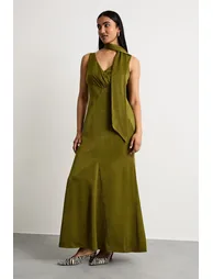 Plain Scarf Detail Tie Neck Maxi Dress