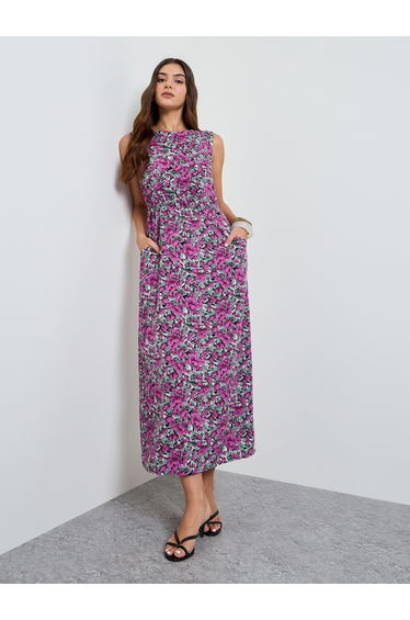 Purple Floral Print Sleeveless Midi Dress