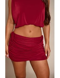 Wine Double Layer Slinky Drape Mini Skirt - 1