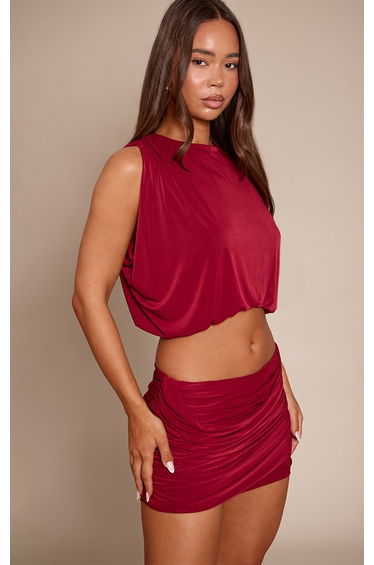 Wine Double Layer Slinky Drape Mini Skirt