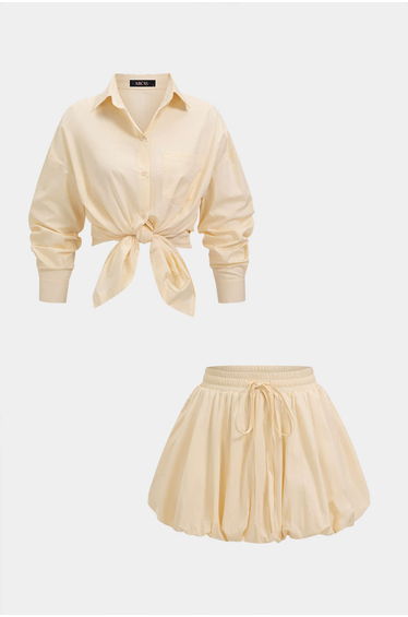 Lapel Button Pocket Long Sleeve Shirt And Tie-Up Ruched Skirt Sets