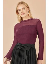 Yumi Burgundy Shimmer Print Mesh Stretch Fitted Top