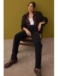 Black Normal Waist Wide Leg Comfort Wide Leg Jeans - 1