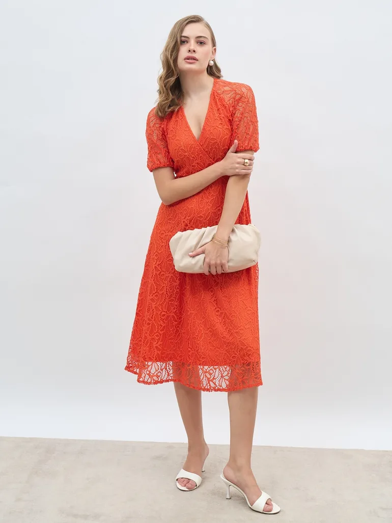 Solid Lace Short Sleeve Wrap Look A-Line Midi Dress Styli Multicolour : Day Dresses : VogaCloset Oman Solid Lace Short Sleeve Wrap Look A-Line Midi Dress Styli Multicolour : Day Dresses : VogaCloset Oman