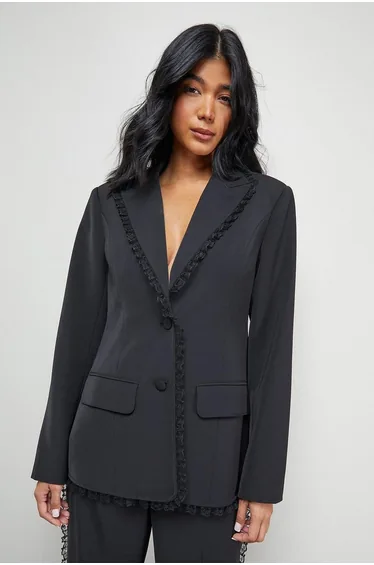 Oversized Lace Frill Trim Single Breasted Blazer