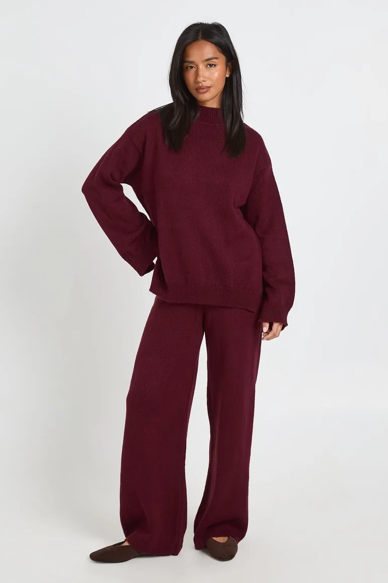 Petite Soft Knit Jumper And Flares Knitted Co-ord - burgundy - 2