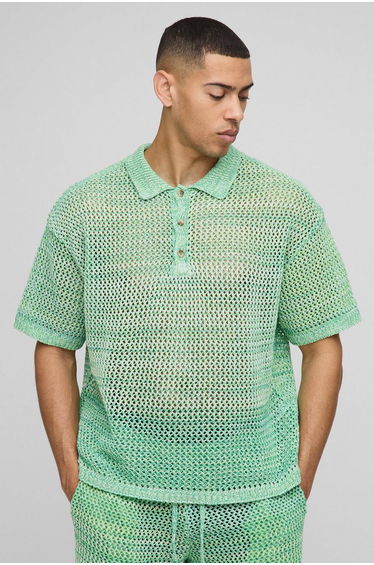 Oversized Twisted Yarn Button Neck Knitted Polo - green