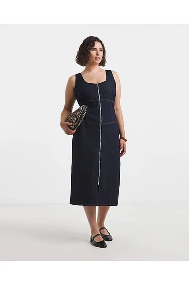 Indigo Denim Fitted Midaxi Dress