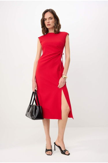 Red Tie Detail Midi Woven Dress