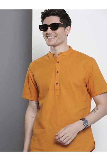 Men Orange Mandarin Collar Shirt