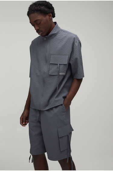 Oversized Funnel Neck Textured Ripstop Cargo Shirt & Longline Short Set - charcoal