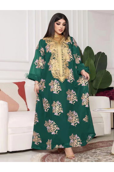 Women Green Embroidered A-Line Jalabiya
