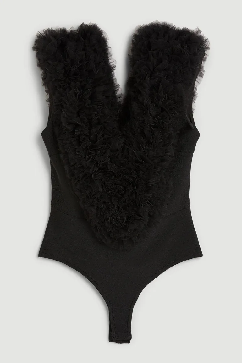 Bandage Figure Form Knit Flower Detail Bodysuit - 3