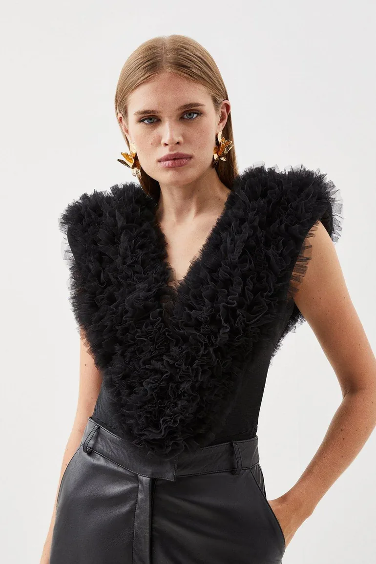 Bandage Figure Form Knit Flower Detail Bodysuit