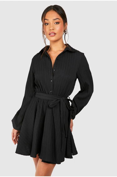 Petite Crinkle Skater Shirt Dress - black