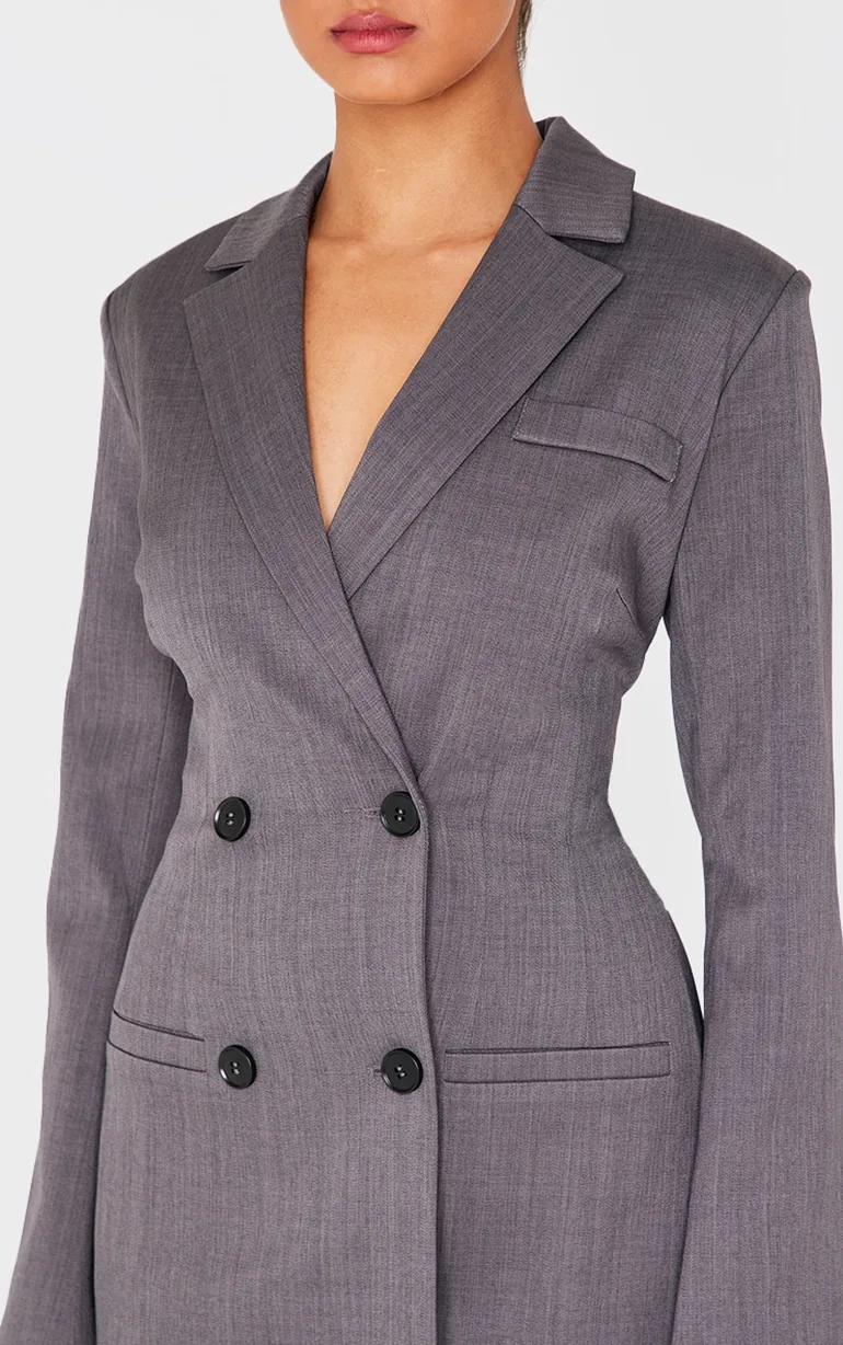 Charcoal Tailored Long Sleeve Cinched Waist Blazer Dress - 3