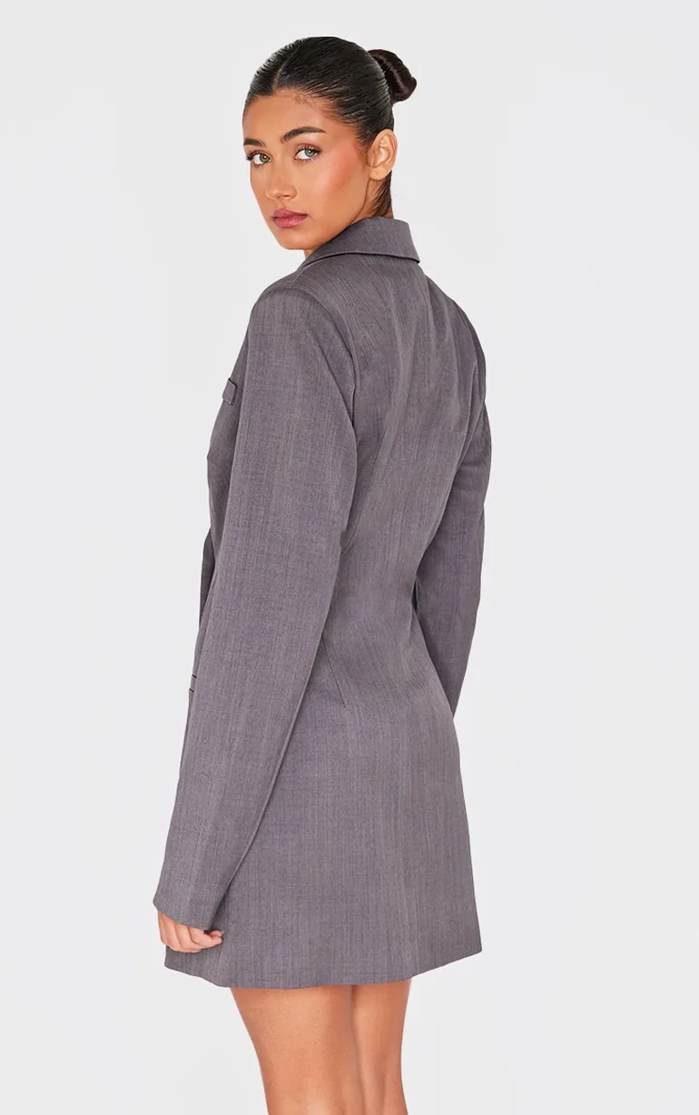 Charcoal Tailored Long Sleeve Cinched Waist Blazer Dress - 1
