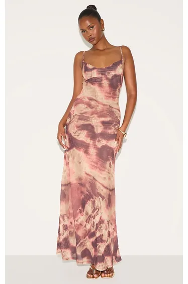 فستان ماكسي بياقة منسدلة بطبعة - أرجواني