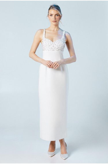 Premium Tailored Pearl And Diamante Sweetheart Crepe Midi Dress
