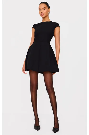 Black Cap Sleeve Mini Curved Shift Dress