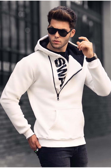 Men's White Zipper Detailed Hoodie Sweatshirt