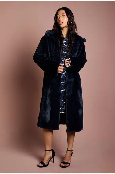 Navy Faux Fur Longline Collared Coat