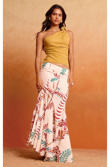 Deep Mustard Floaty Woven One Shoulder Knot Detail Top