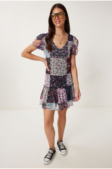 Women's Black Pink Ethnic Patterned Summer Chiffon Dress