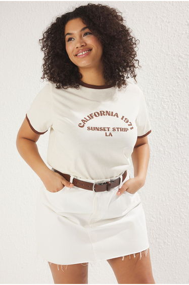 Beige Crew Neck Printed Knit Plus Size T-Shirt