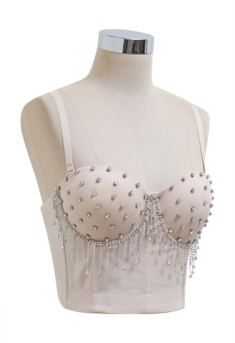 Showstopper Rhinestone Fringe Bustier Bra Top in Apricot - 4