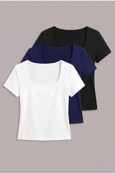 Black White Navy Blue 3-Pack Body-Fitting Flexible Knitted Blouse