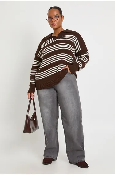 Plus Collared Stripe Jumper - chocolate