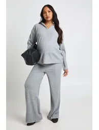 Maternity Soft Rib Collared Top & Trouser Lounge Set - grey