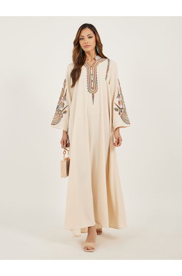 Cream Embroidered Stand Collar Jalabiya