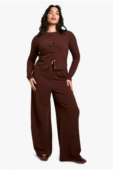 plus crinkle cardigan and wide leg trouser co-ord - chocolate