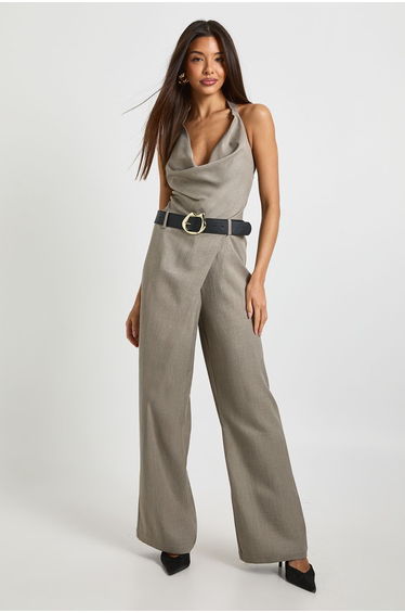 Woven Tailored Halterneck Jumpsuit With Belt - taupe