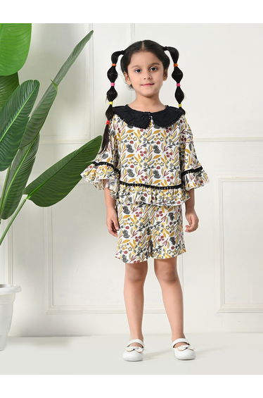 Printed Ruffled Hem Round Neck Top and Shorts Set