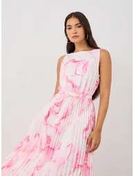 Floral Print Sleeveless Pleated Detail A-Line Maxi Dress - 2