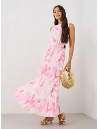 Floral Print Sleeveless Pleated Detail A-Line Maxi Dress - 1