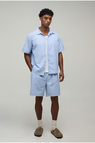 Certified Worldwide Poplin Stripe Oversized Shirt & Short Set - blue