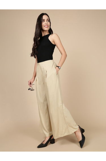 Beige Wide Leg Pants with Fold Pleat