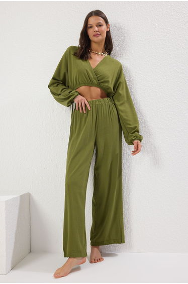 Khaki Woven Crop Blouse Trousers Beach Set