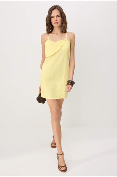 Yellow Plain Collar Detail Straps Short / Mini Woven Dress