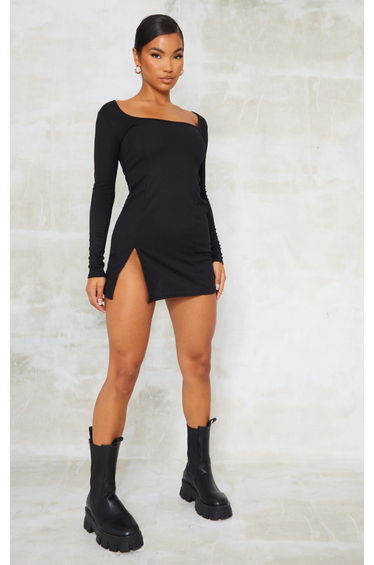 Black Rib Split Hem Square Neck Long Sleeve Bodycon Dress