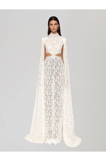 Nevra Cape Sleeve Rhinestone Cutout Maxi Dress
