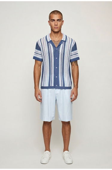 Relaxed Revere Open Stitch Knit Stripe Shirt - blue