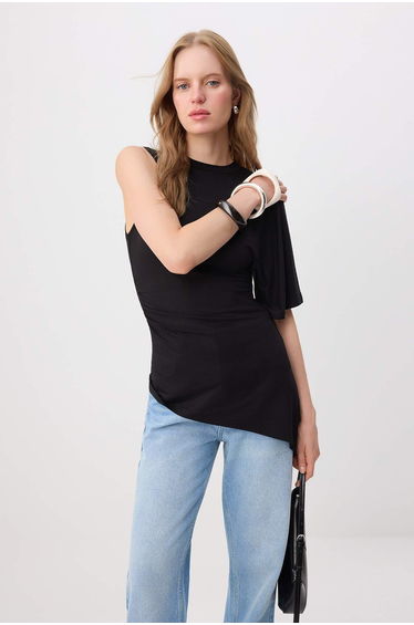 Black Fitted Batwing Sleeve Long Stretchy Knitted Blouse
