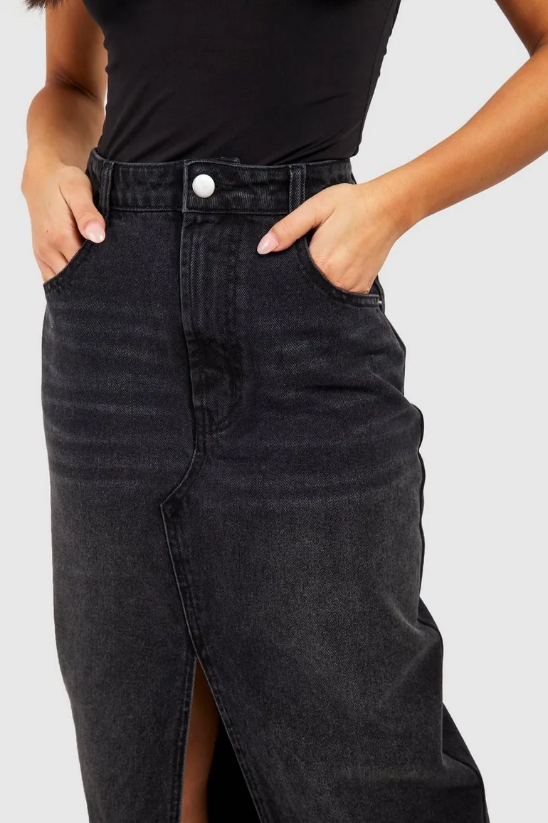 Petite Split Front Denim Maxi Skirt - black - 3