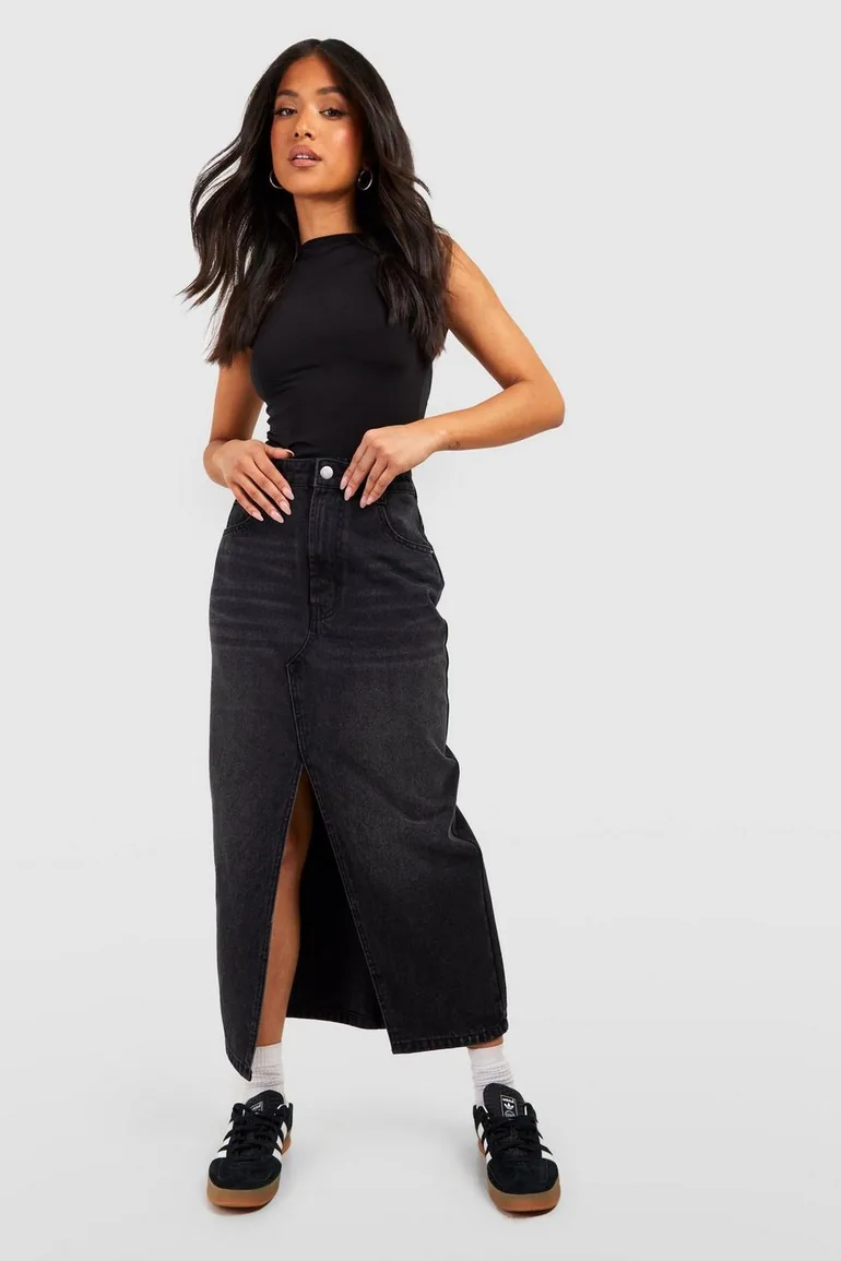 Petite Split Front Denim Maxi Skirt - black